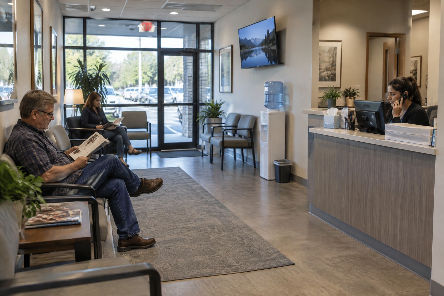 Patients waiting in a bright clinic reception area